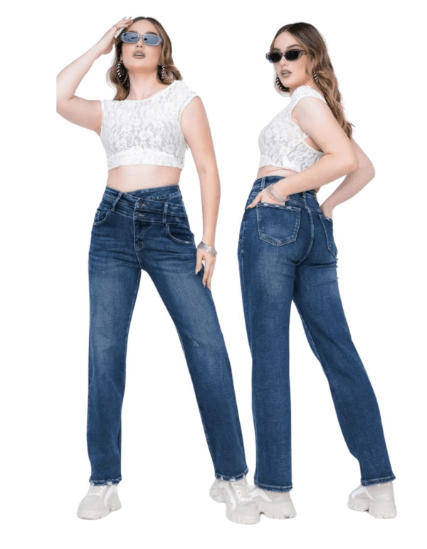 Jeans rectos para mujer con tiro alto y efecto vintage