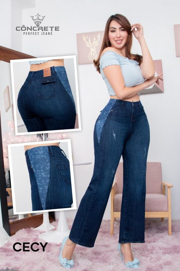 Pantalón mezclilla con panel lateral floral para mujer