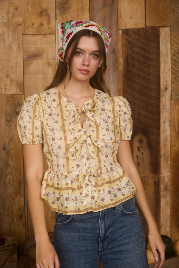 Blusa campesina con moños y estampado floral para mujer