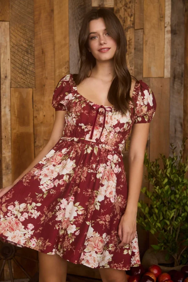 Vestido corto floral con manga abullonada para mujer - Image 6