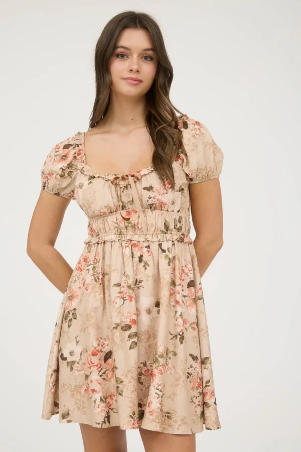 Vestido corto floral con manga abullonada para mujer