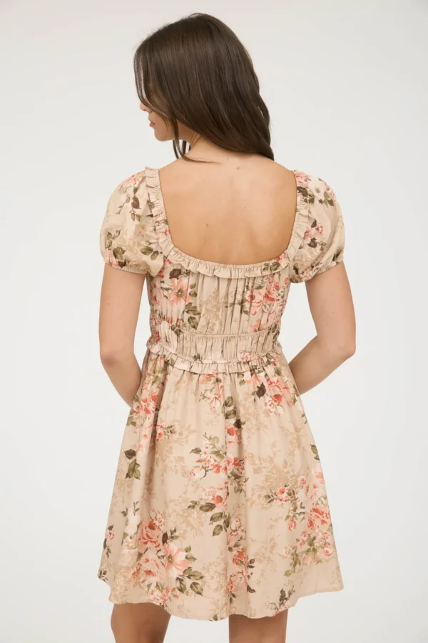 Vestido corto floral con manga abullonada para mujer - Image 2