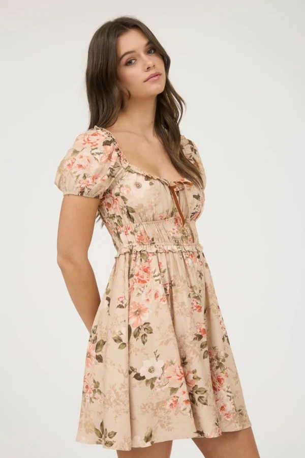 Vestido corto floral con manga abullonada para mujer - Image 3