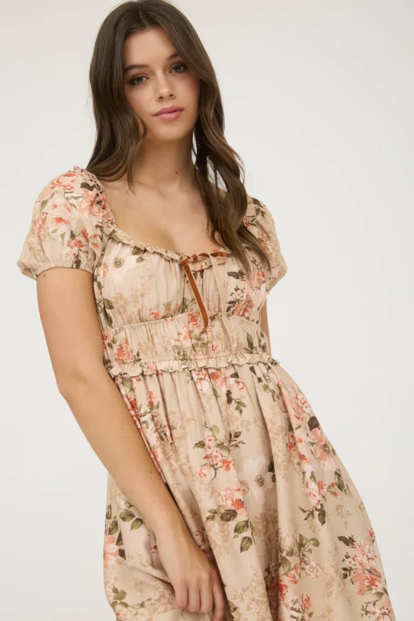 Vestido corto floral con manga abullonada para mujer - Image 4