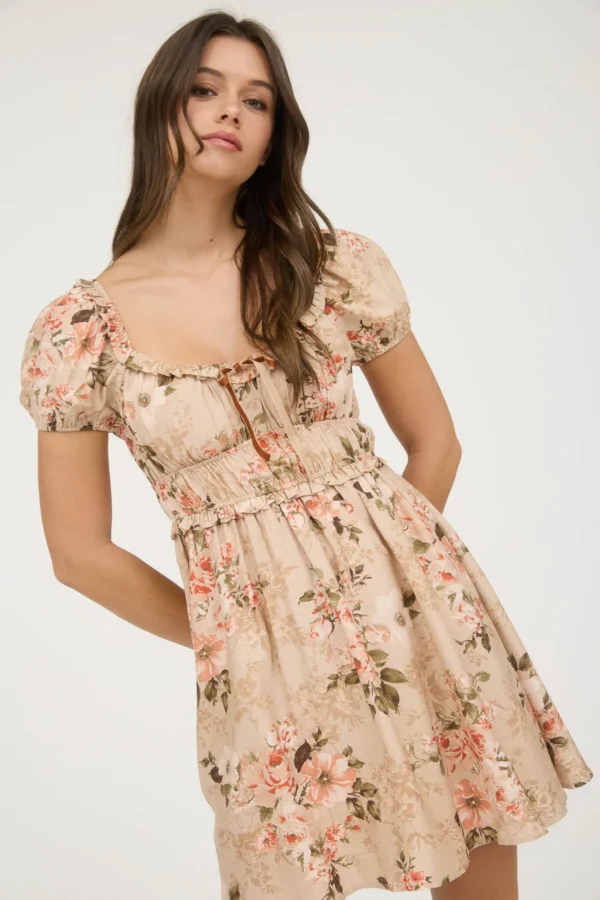 Vestido corto floral con manga abullonada para mujer - Image 5