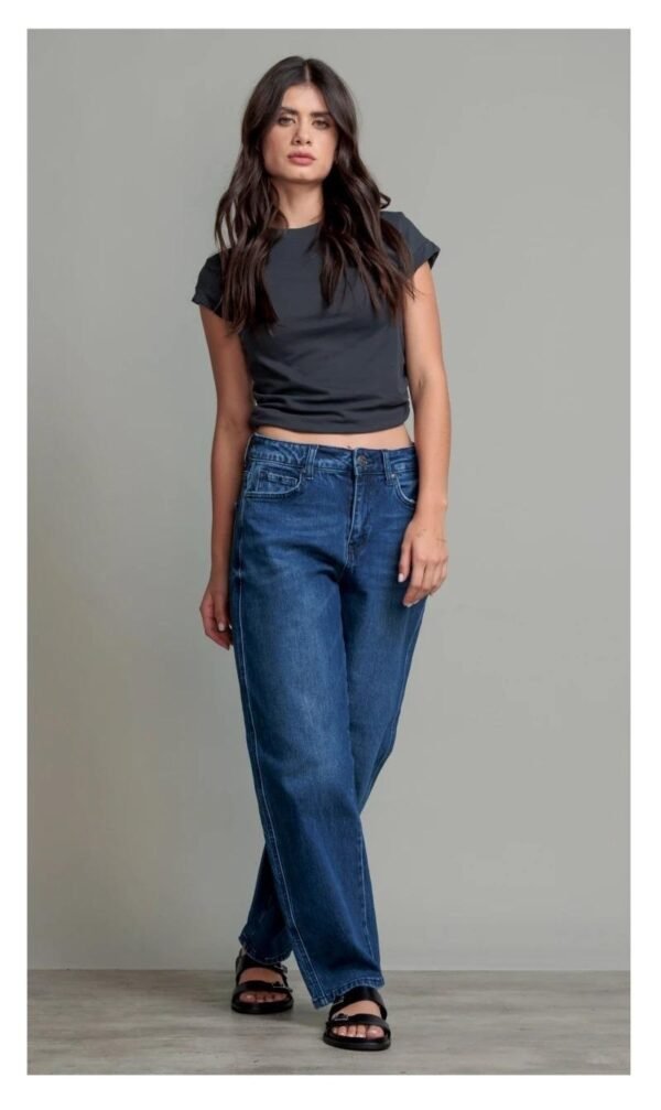 Jeans barrel tiro alto de mezclilla para mujer