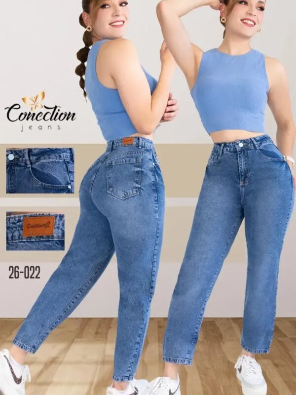 Jeans Mom Fit Tiro Alto Celeste Relajado para Mujer