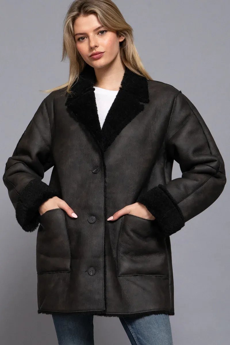 Abrigo Sherpa Oversized de Piel Sintetica Negro para Mujer - Image 2