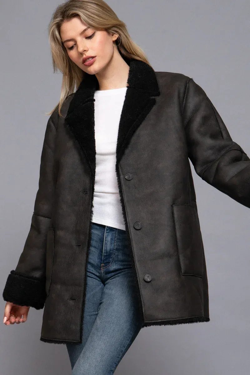 Abrigo Sherpa Oversized de Piel Sintetica Negro para Mujer - Image 3