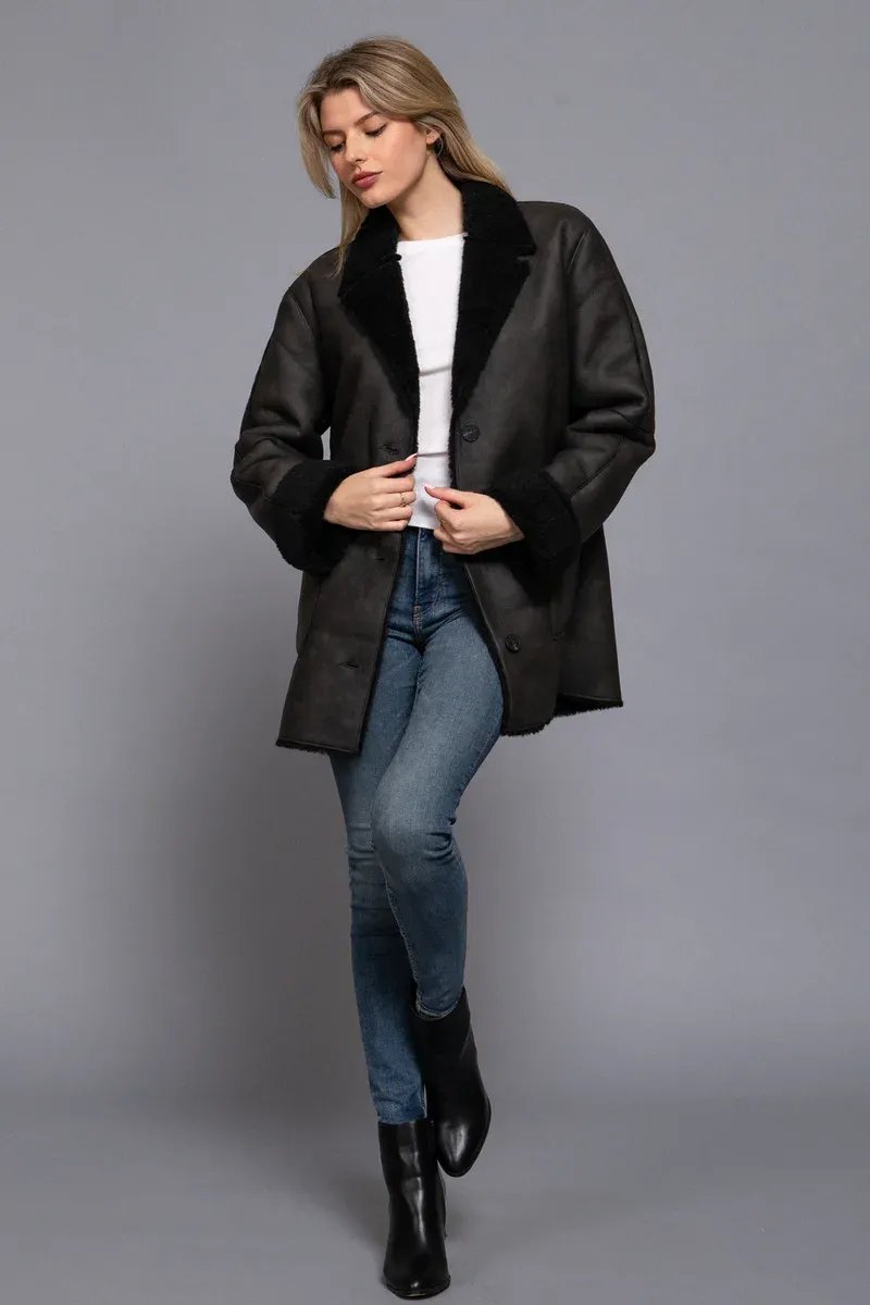 Abrigo Sherpa Oversized de Piel Sintetica Negro para Mujer - Image 7