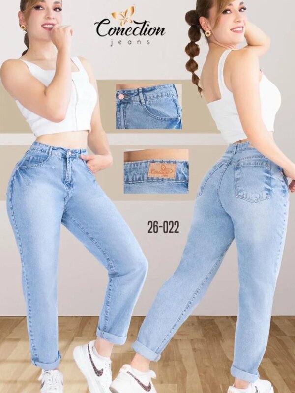 Jeans Mom Fit Tiro Alto Celeste Relajado para Mujer