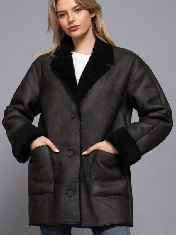Abrigo Sherpa Oversized de Piel Sintetica Negro para Mujer