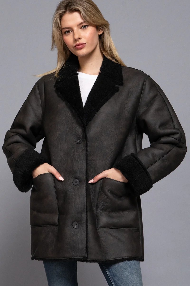 Abrigo Sherpa Oversized de Piel Sintetica Negro para Mujer