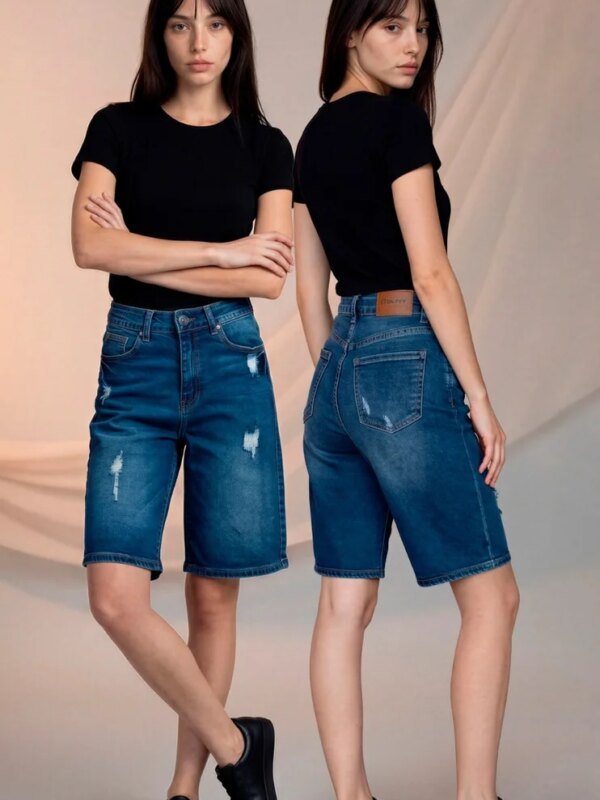 Bermuda Denim Azul con Roturas para Mujer Estilo Casual