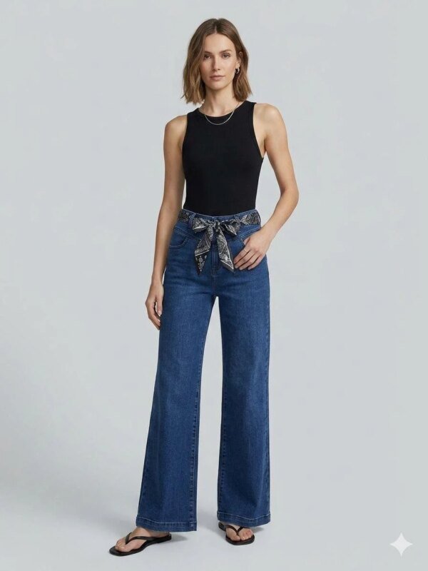 Pantalon Wide Leg de Mezclilla Azul con Cinturon para Mujer