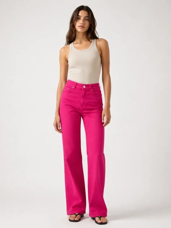 Pantalon Jean Straight Fucsia de Tiro Alto para Mujer