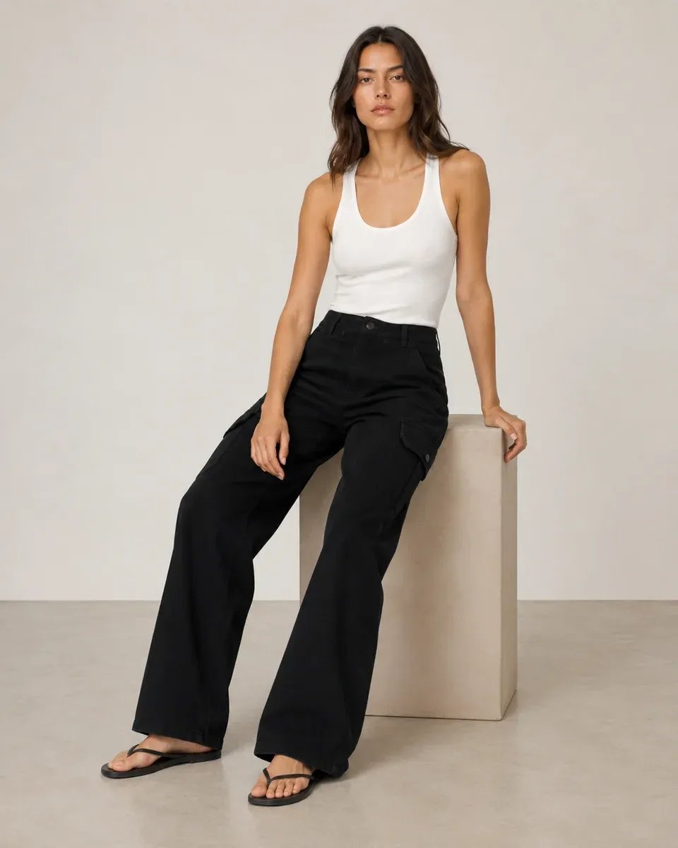 Pantalon Cargo Wide Leg Talle Alto Beige para Mujer - Image 4
