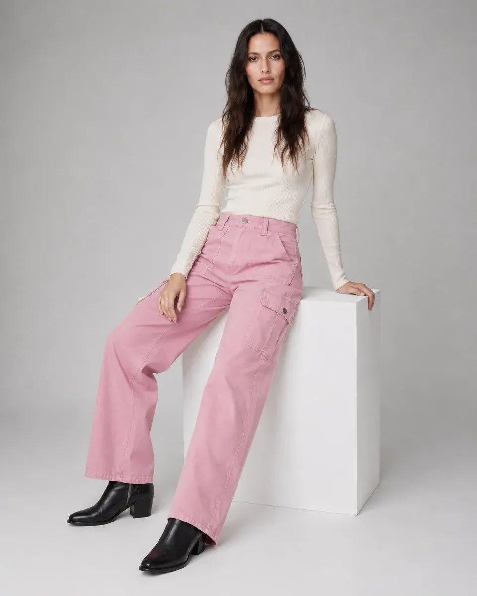 Pantalon Cargo Wide Leg Talle Alto Beige para Mujer - Image 12