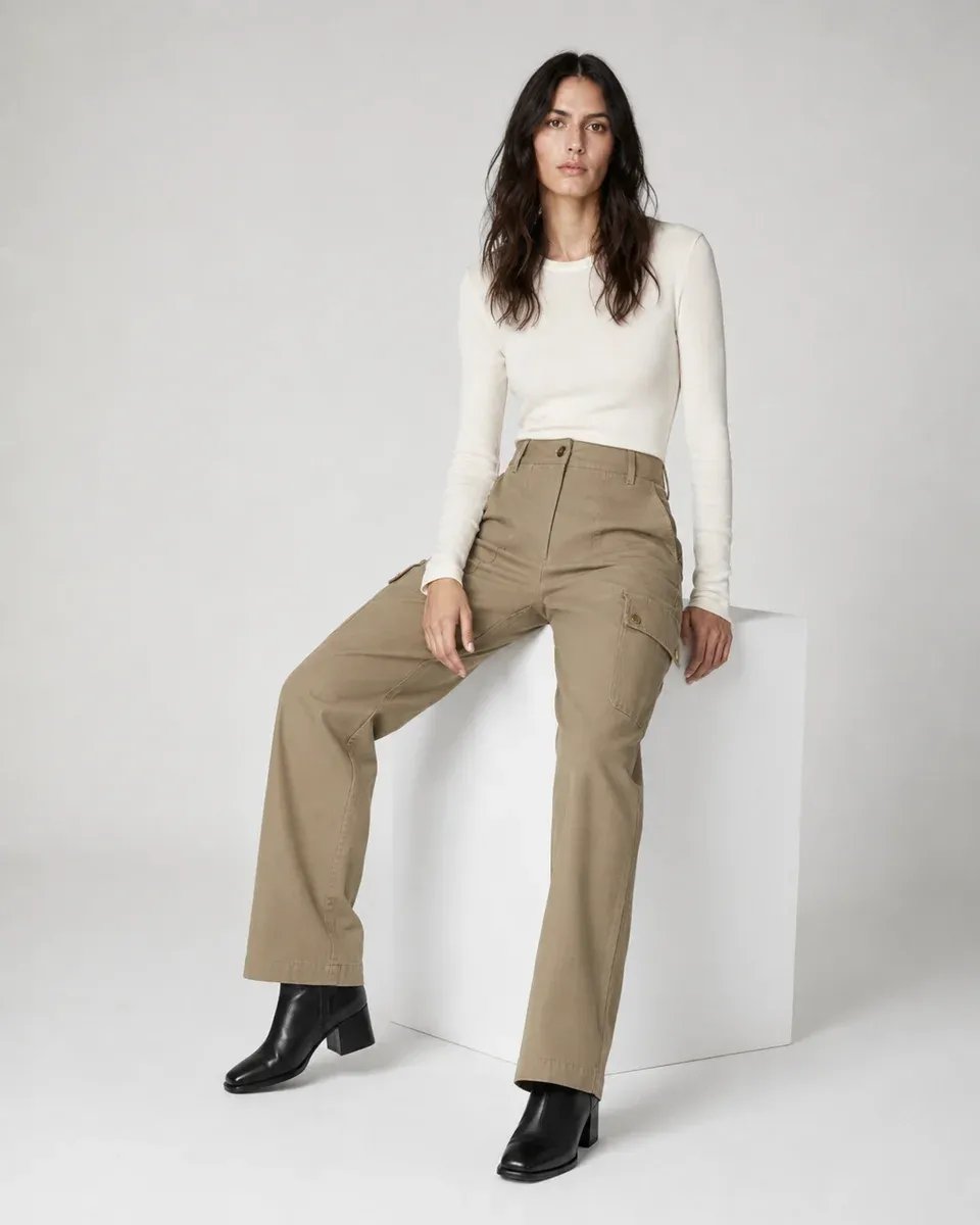 Pantalon Cargo Wide Leg Talle Alto Beige para Mujer - Image 16