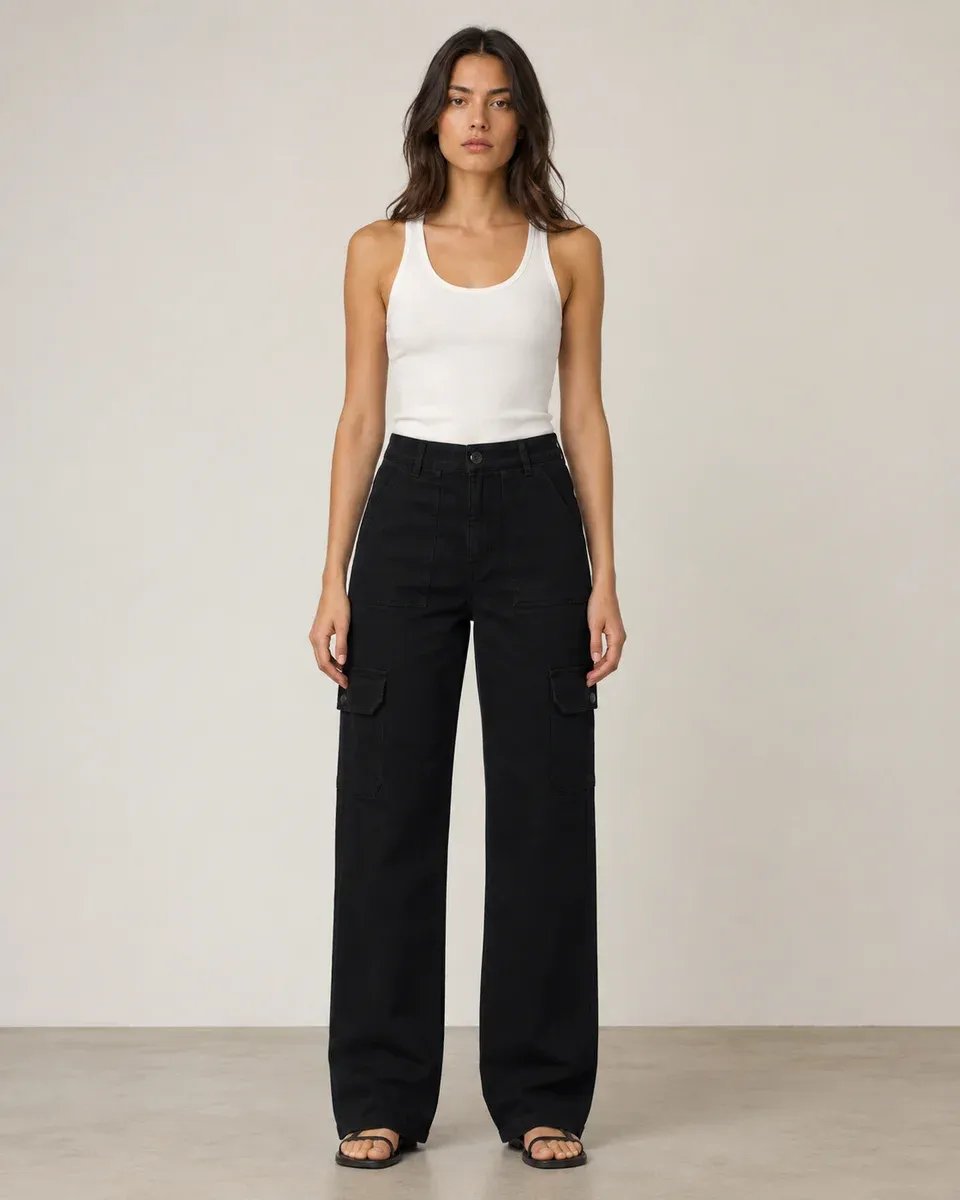 Pantalon Cargo Wide Leg Talle Alto Beige para Mujer