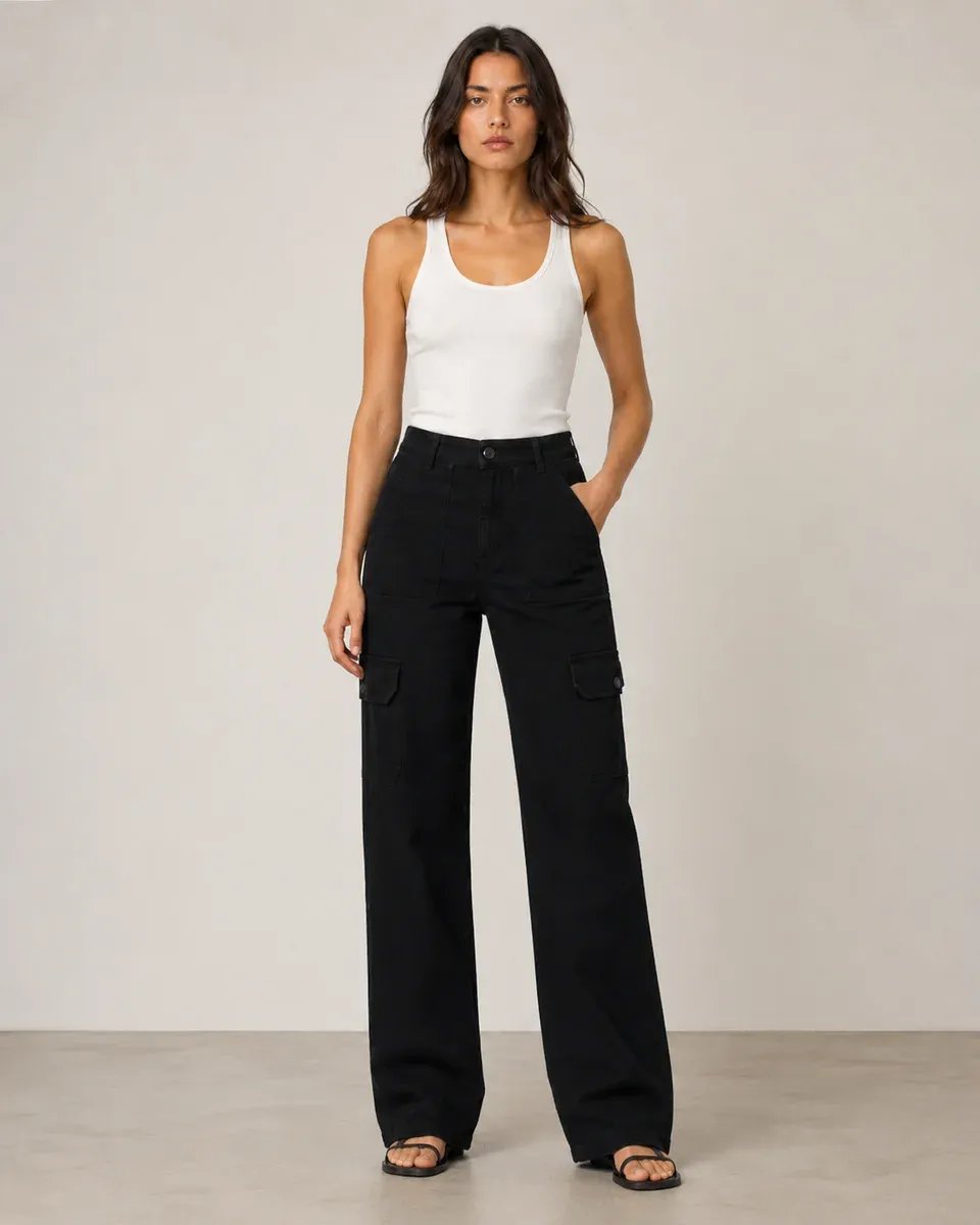 Pantalon Cargo Wide Leg Talle Alto Beige para Mujer - Image 3