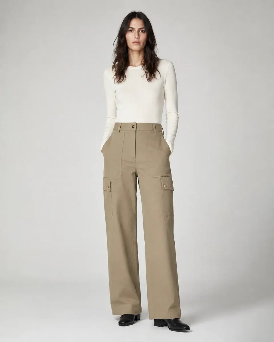 Pantalon Cargo Wide Leg Talle Alto Beige para Mujer - Image 17