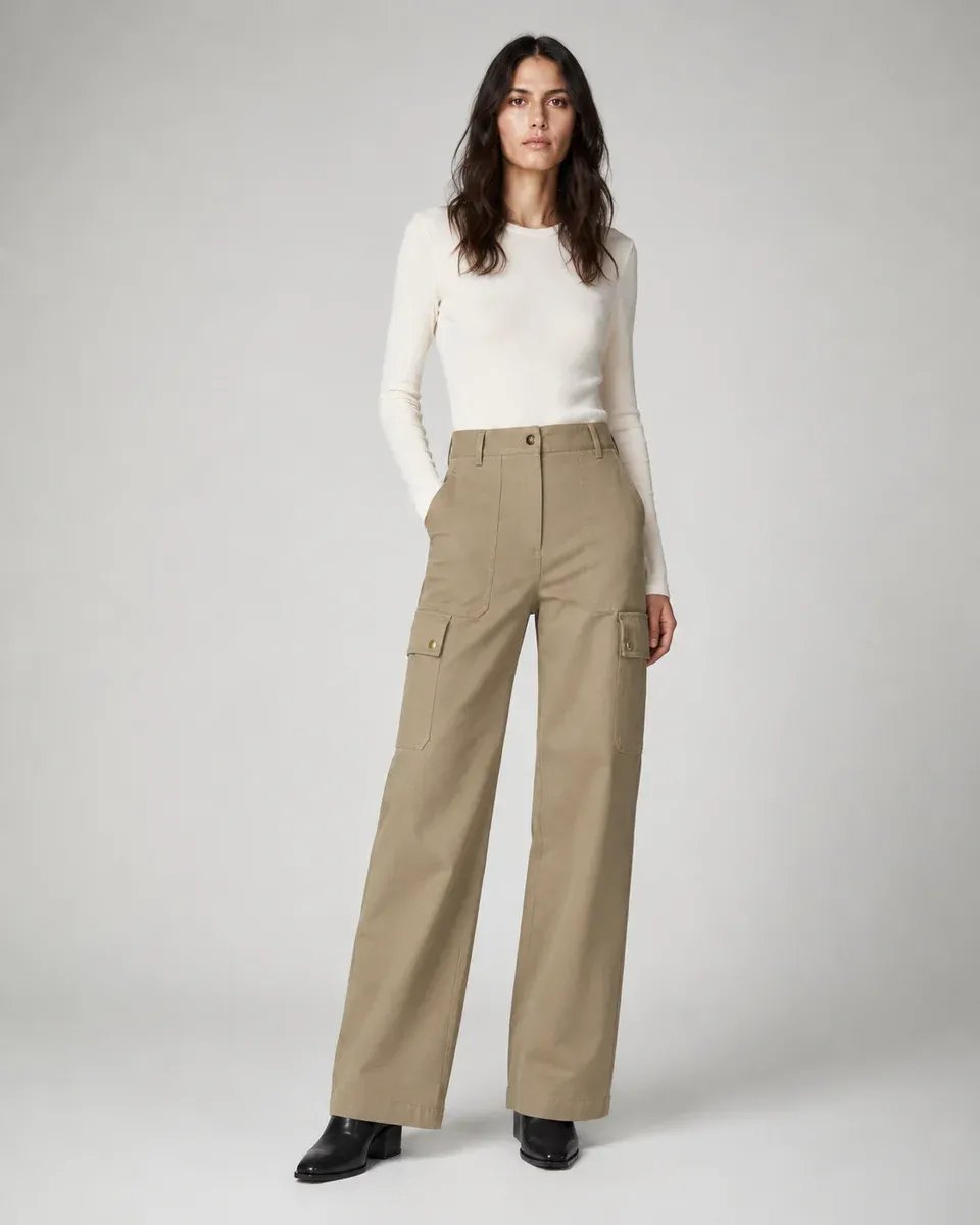 Pantalon Cargo Wide Leg Talle Alto Beige para Mujer - Image 18