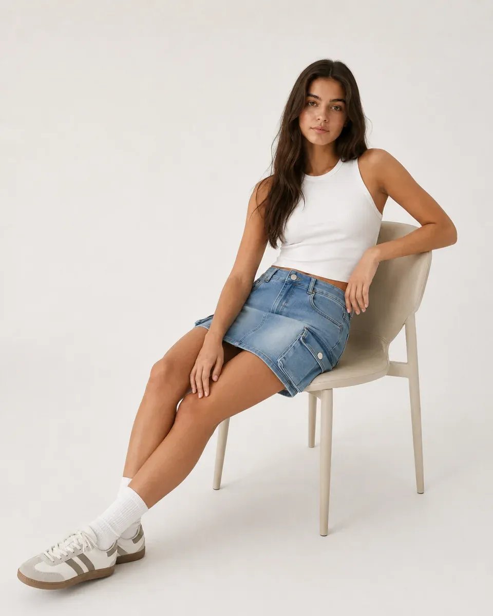 Falda Denim Cargo Azul Mini Con Bolsillos Para Mujer - Image 4