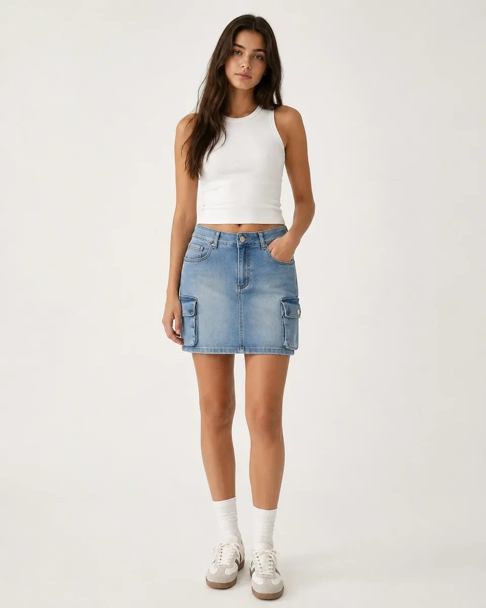 Falda Denim Cargo Azul Mini Con Bolsillos Para Mujer - Image 5