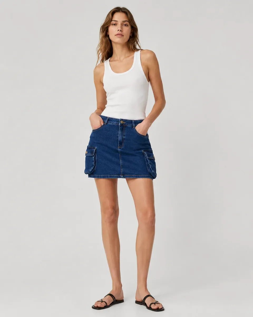 Falda Denim Cargo Azul Mini Con Bolsillos Para Mujer - Image 8