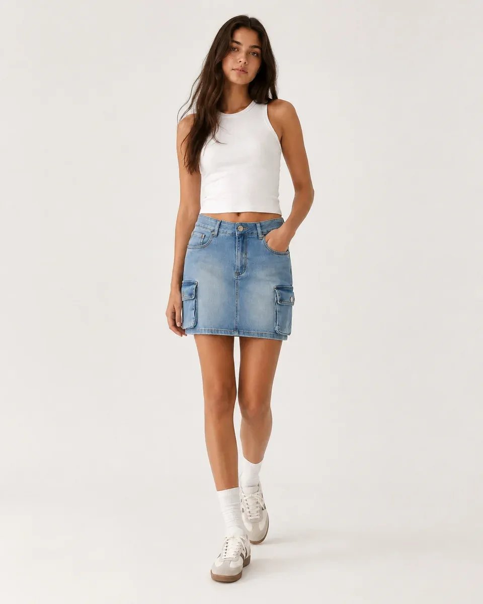 Falda Denim Cargo Azul Mini Con Bolsillos Para Mujer - Image 6