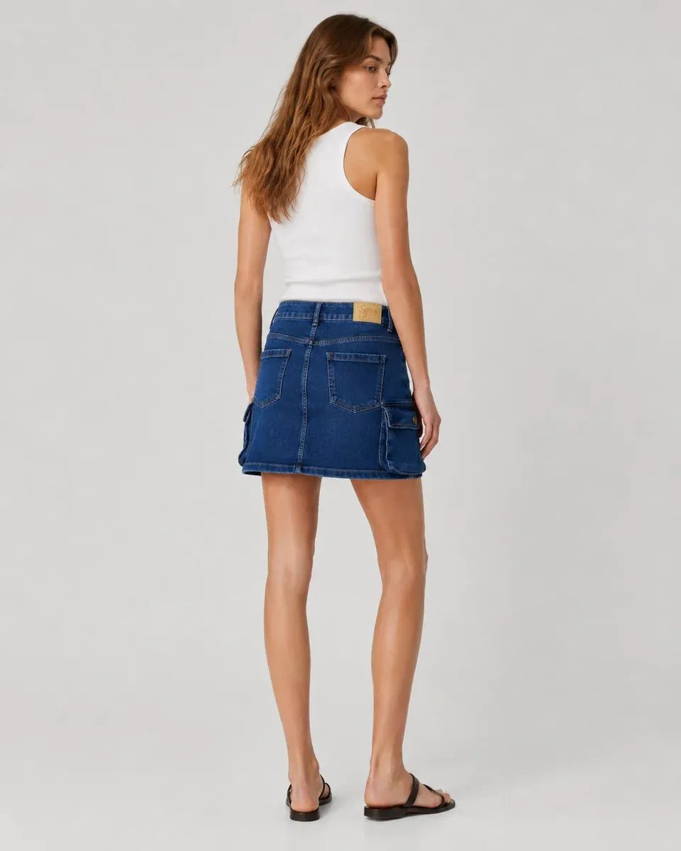 Falda Denim Cargo Azul Mini Con Bolsillos Para Mujer - Image 10