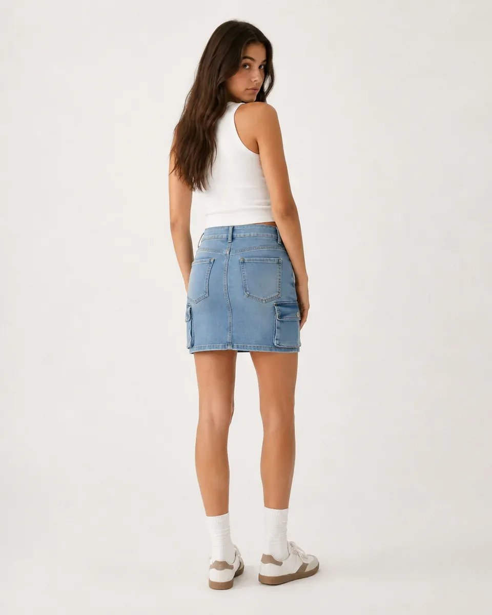 Falda Denim Cargo Azul Mini Con Bolsillos Para Mujer - Image 7