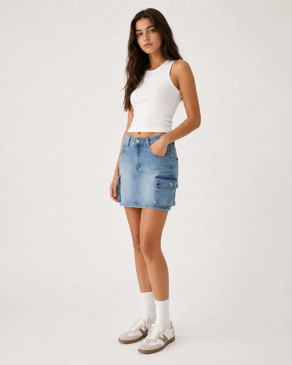 Falda Denim Cargo Azul Mini Con Bolsillos Para Mujer - Image 2