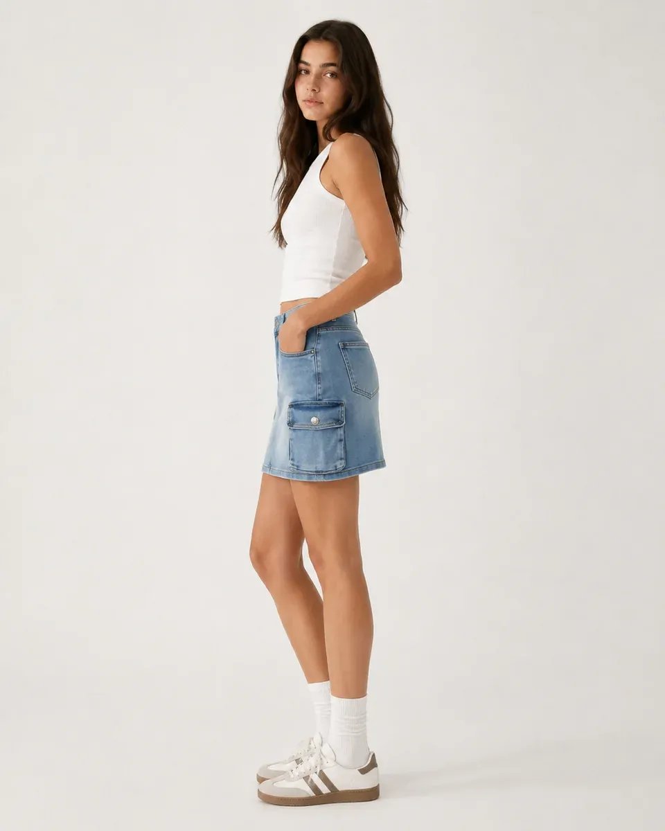 Falda Denim Cargo Azul Mini Con Bolsillos Para Mujer - Image 3