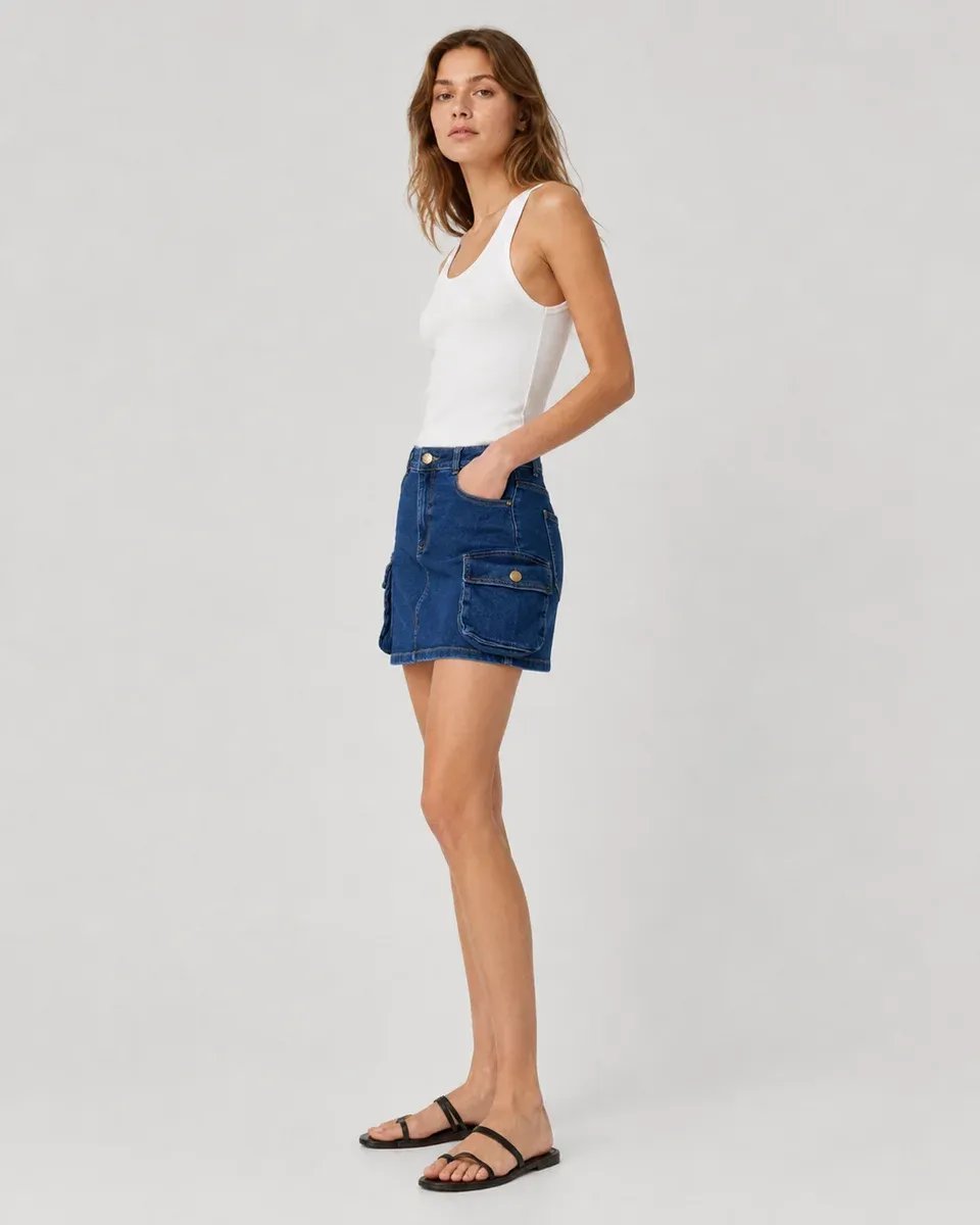 Falda Denim Cargo Azul Mini Con Bolsillos Para Mujer - Image 13