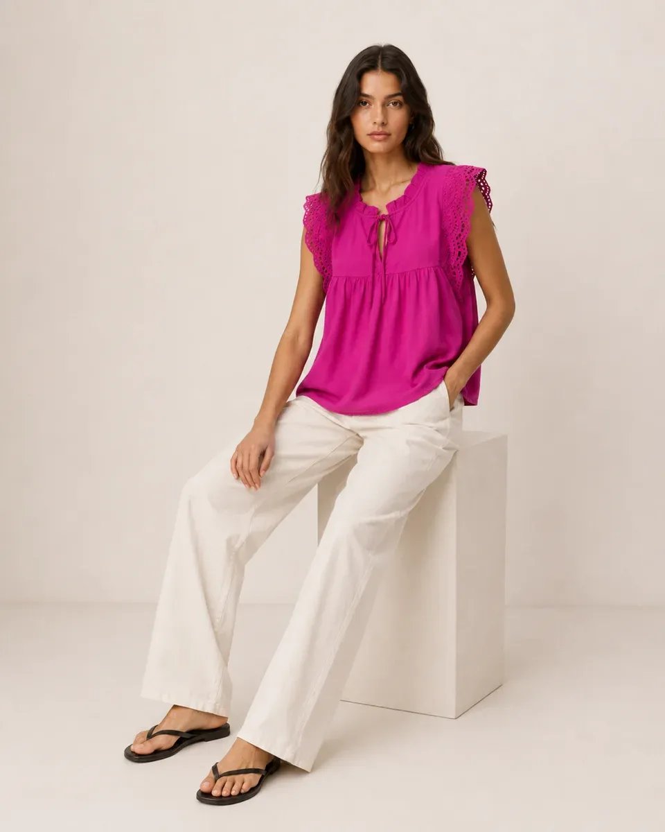 Blusa Rosa Con Bordado Y Lazo Al Cuello Para Mujer Estilo Romantico - Image 3