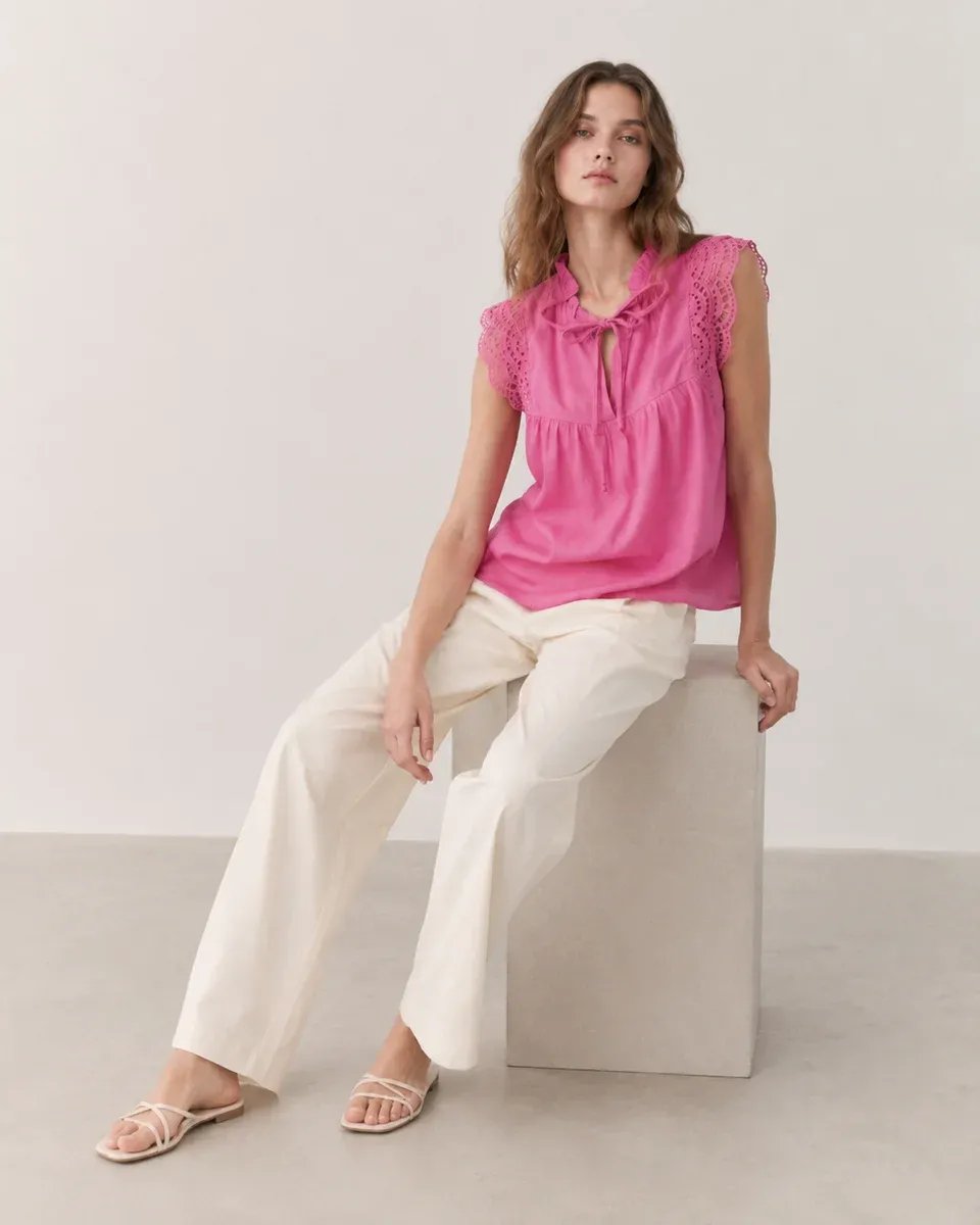 Blusa Rosa Con Bordado Y Lazo Al Cuello Para Mujer Estilo Romantico - Image 10