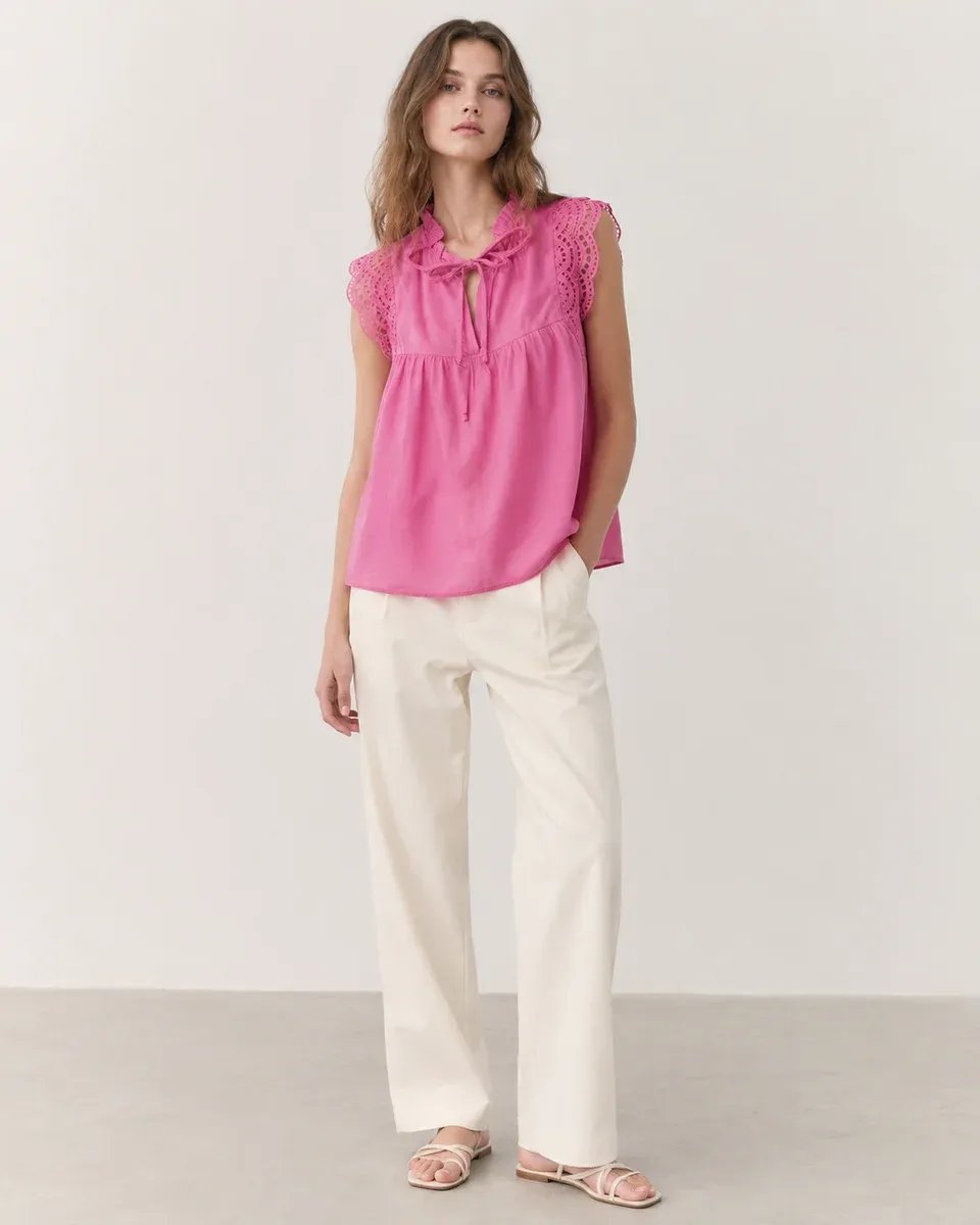 Blusa Rosa Con Bordado Y Lazo Al Cuello Para Mujer Estilo Romantico - Image 11