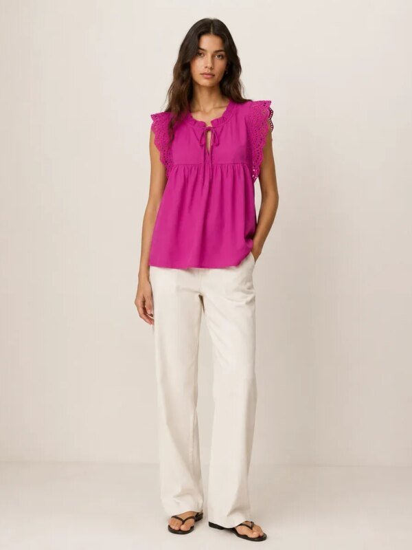 Blusa Rosa Con Bordado Y Lazo Al Cuello Para Mujer Estilo Romantico