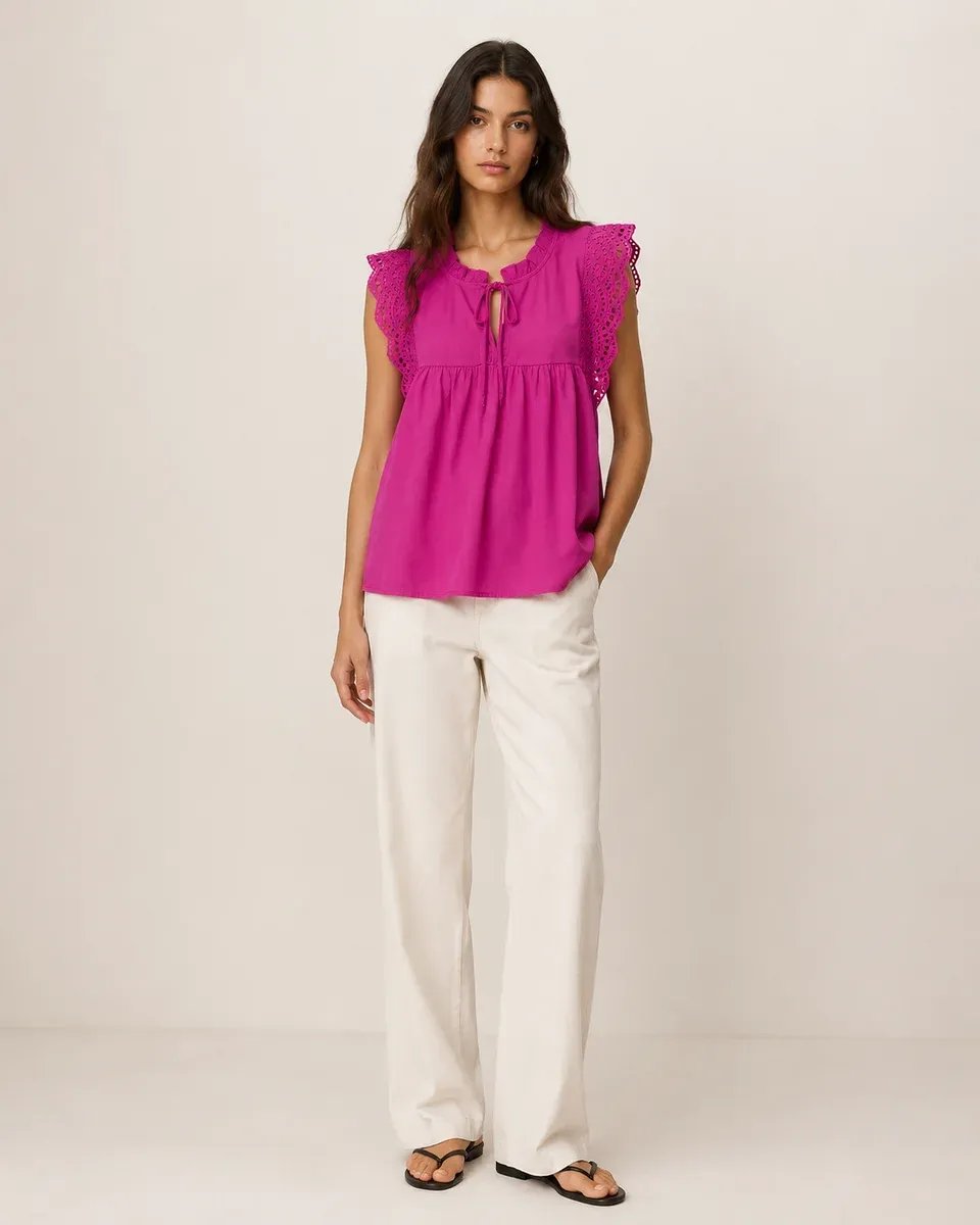 Blusa Rosa Con Bordado Y Lazo Al Cuello Para Mujer Estilo Romantico