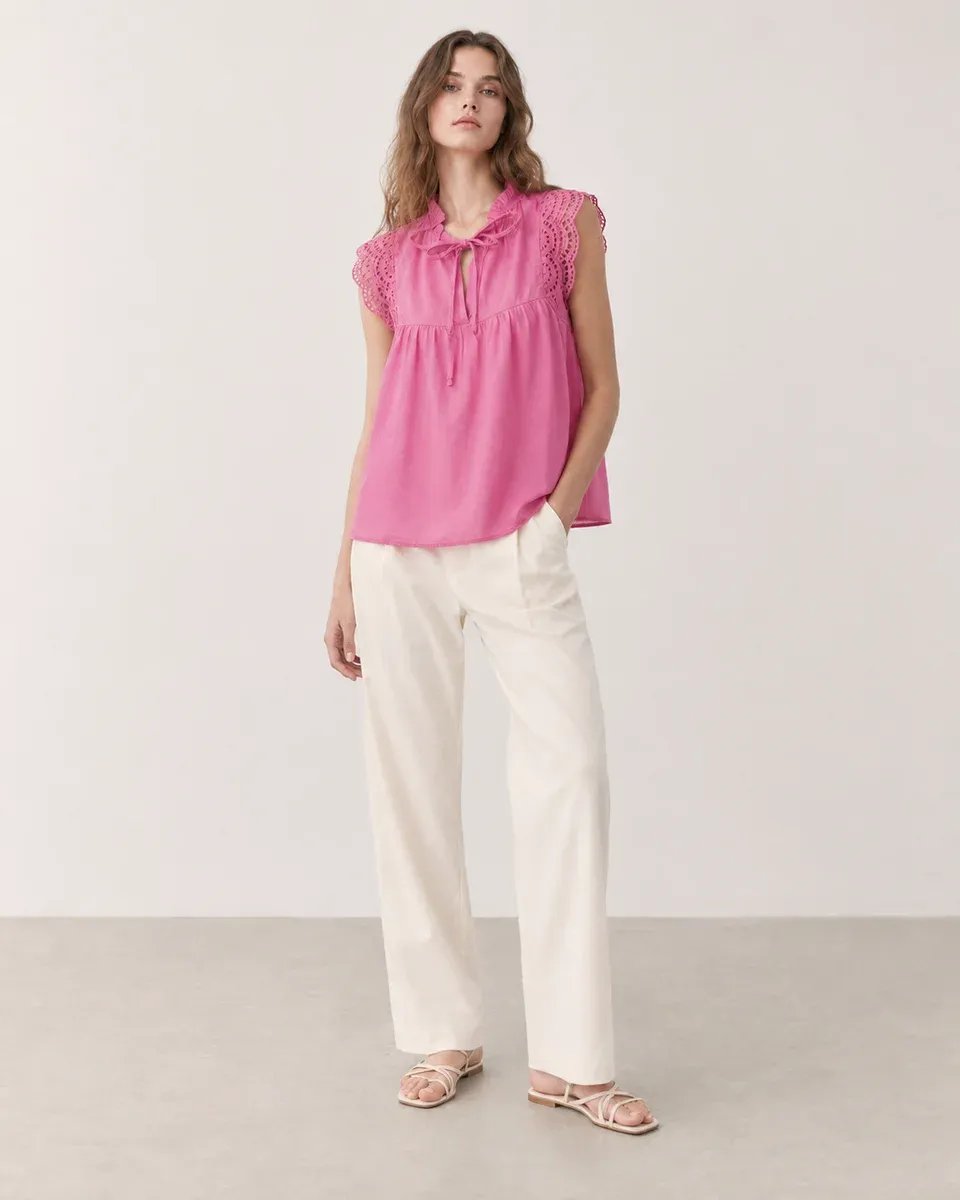 Blusa Rosa Con Bordado Y Lazo Al Cuello Para Mujer Estilo Romantico - Image 12