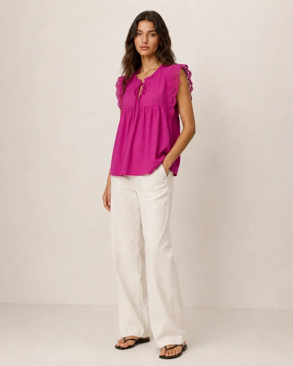 Blusa Rosa Con Bordado Y Lazo Al Cuello Para Mujer Estilo Romantico - Image 4