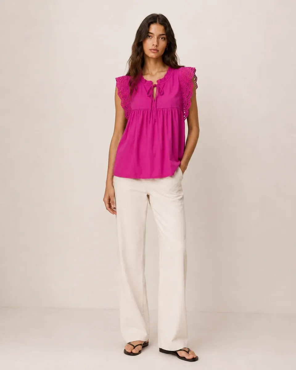 Blusa Rosa Con Bordado Y Lazo Al Cuello Para Mujer Estilo Romantico - Image 5
