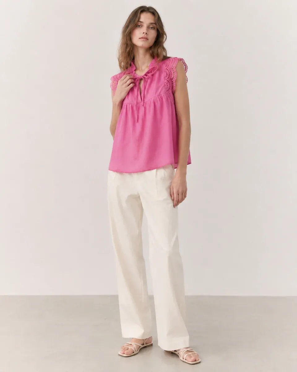 Blusa Rosa Con Bordado Y Lazo Al Cuello Para Mujer Estilo Romantico - Image 14
