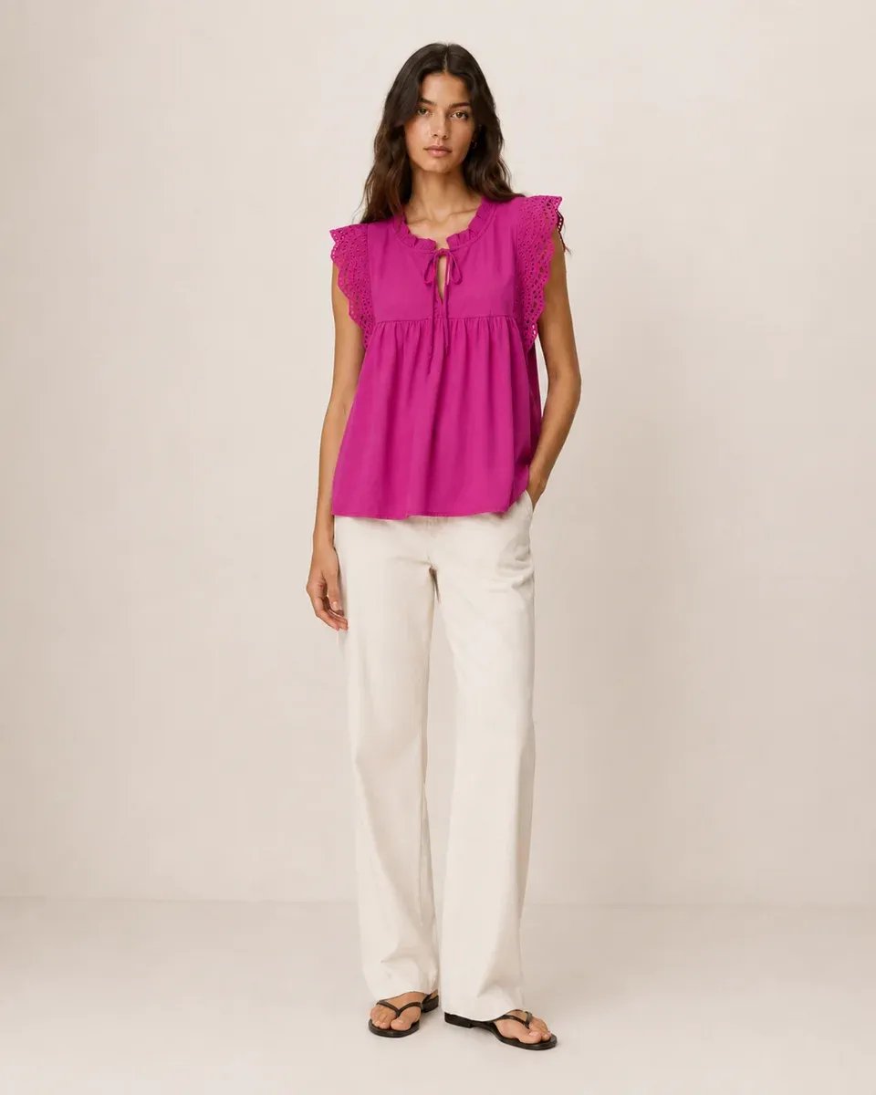Blusa Rosa Con Bordado Y Lazo Al Cuello Para Mujer Estilo Romantico - Image 6
