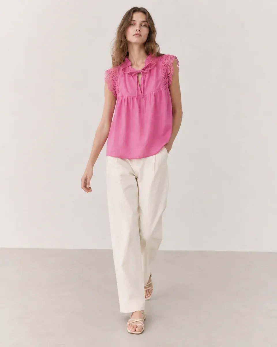 Blusa Rosa Con Bordado Y Lazo Al Cuello Para Mujer Estilo Romantico - Image 13