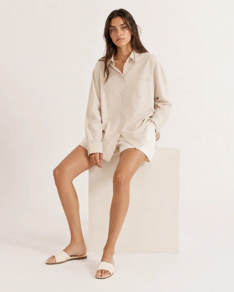 Blusa Oversize de Rayas Beige y Blanco para Mujer Estilo Casual - Image 11