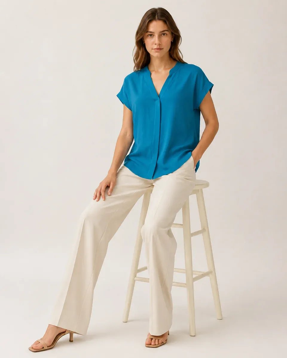 Blusa Azul Turquesa Cuello V Manga Corta Casual Para Mujer - Image 4