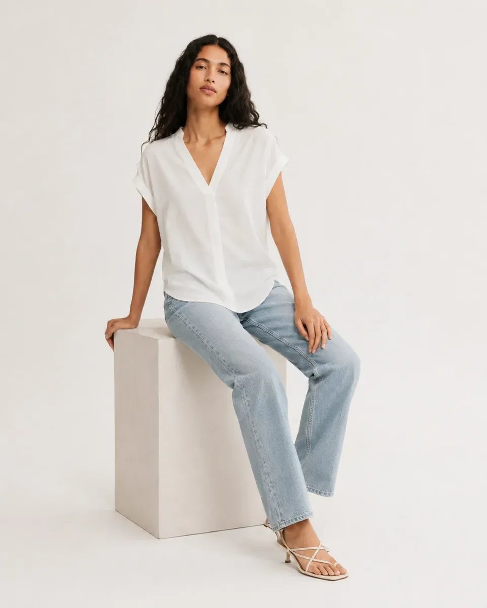 Blusa Azul Turquesa Cuello V Manga Corta Casual Para Mujer - Image 17